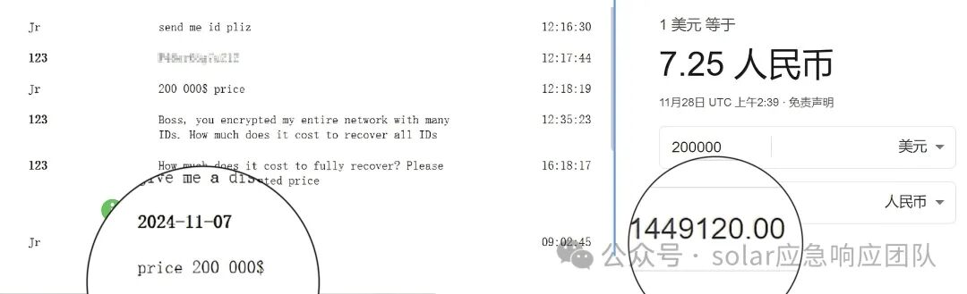 谈判截图：黑客开价20万美元，折合人民币约145万