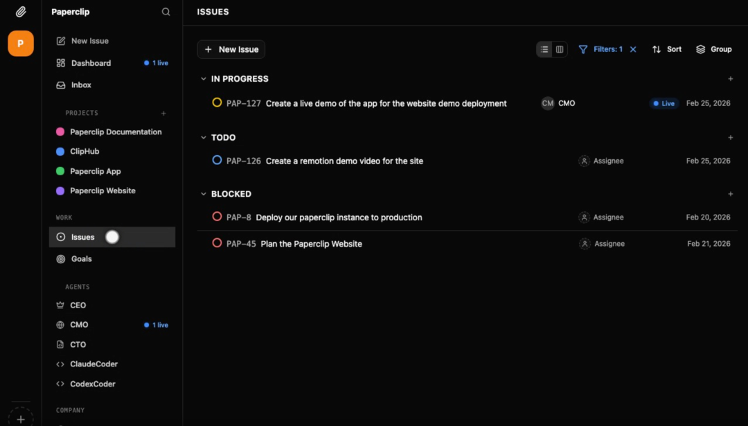 Paperclip Issues 任务管理界面
