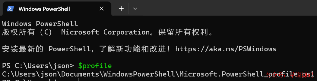 在 PowerShell 中执行 $profile 命令查看配置文件路径