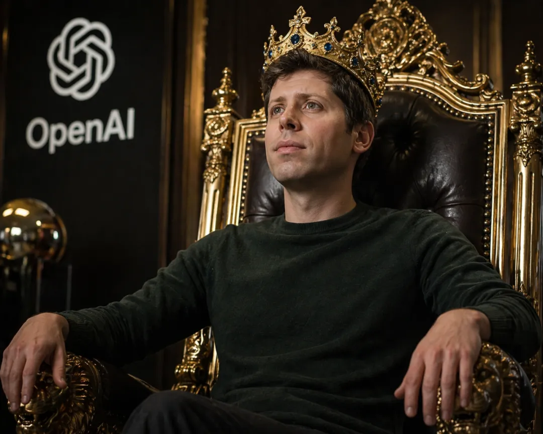 奥特曼坐在金色王座上，背景有OpenAI标志