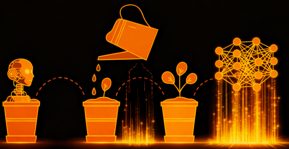 象征AI成长与训练的插图:从机器人到神经网络