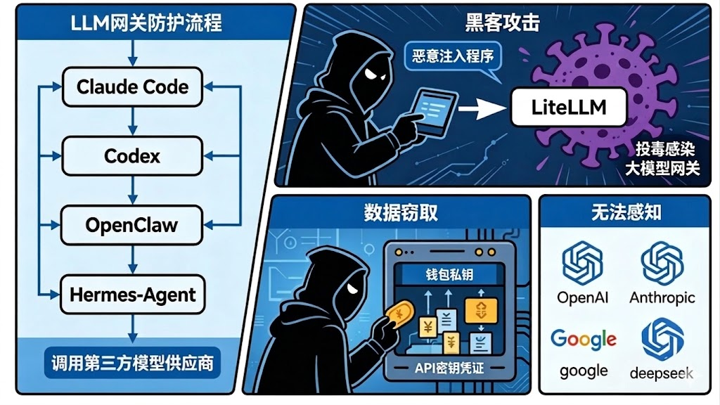 LLM网关安全风险与防护流程示意图