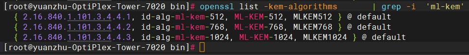 终端输出中,执行过滤命令后,清晰列出了ML-KEM-512、768、1024三种KEM算法