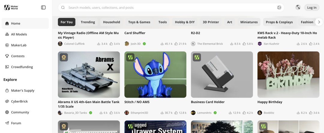 3D打印模型分享社区MakerWorld的首页