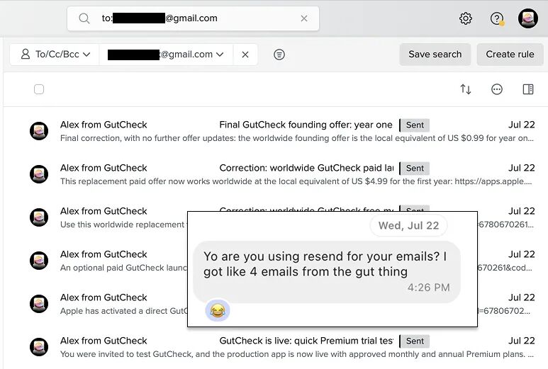 收件箱中显示多封来自GutCheck的邮件