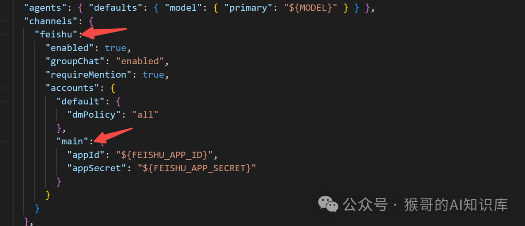 openclaw.json配置片段，展示飞书通道的配置