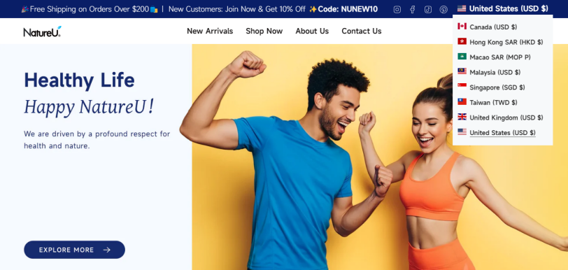 NatureU官方网站首页截图,默认显示为美国站点
