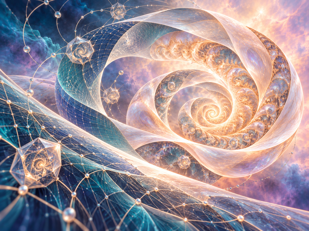 宇宙与数学交织的抽象数字艺术:发光的金色螺旋结构,周围环绕着神经网络般的蓝色节点网络