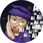 一个戴着紫色帽子与眼镜的AI卡通形象,背景有重复的“AI”字样