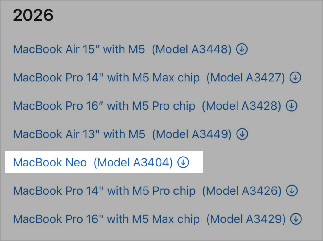 苹果官网泄露的2026年MacBook产品列表截图，其中包含MacBook Neo型号A3404