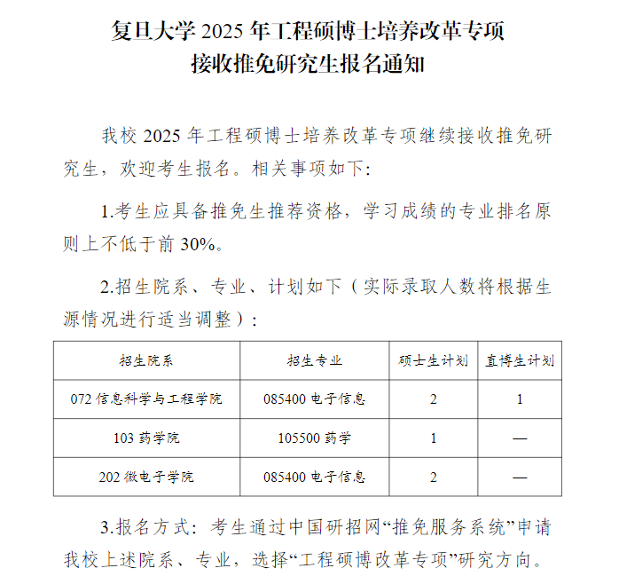 复旦大学工程硕博专项招生通知截图