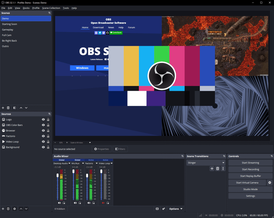 OBS Studio 主界面,场景与来源列表及音频混音器
