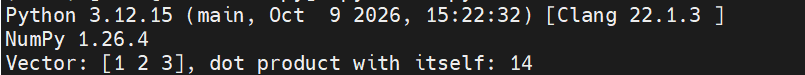 Python 虚拟环境中 NumPy 版本验证与向量点积计算结果