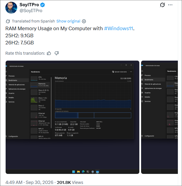社交媒体对比:Windows 11 25H2 与 26H2 内存占用对比
