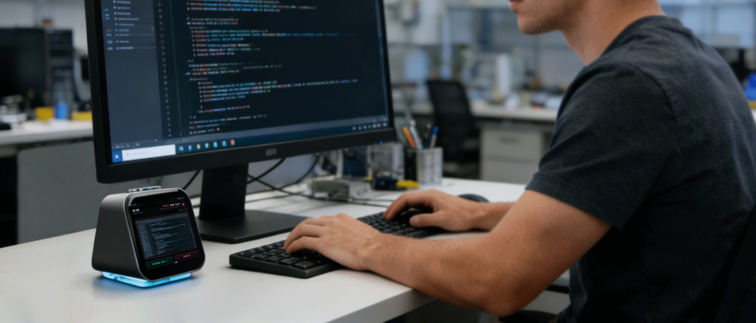 开发者在办公室使用 Violoop 设备辅助编程的场景