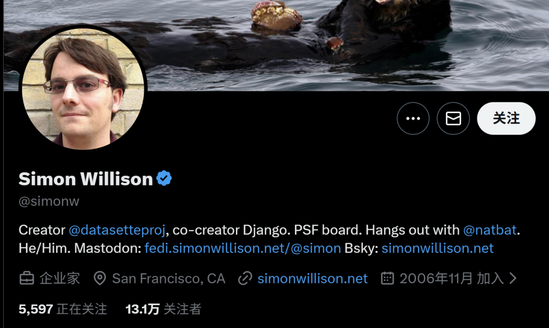 技术博主Simon Willison的个人资料截图