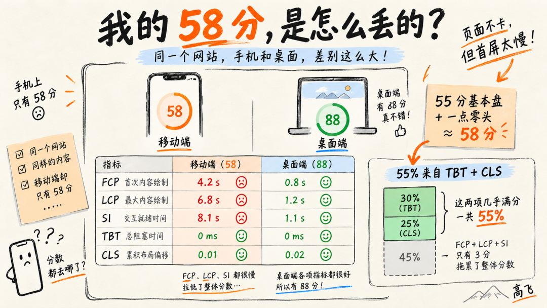 移动端 58 分与桌面端 88 分指标对比分析
