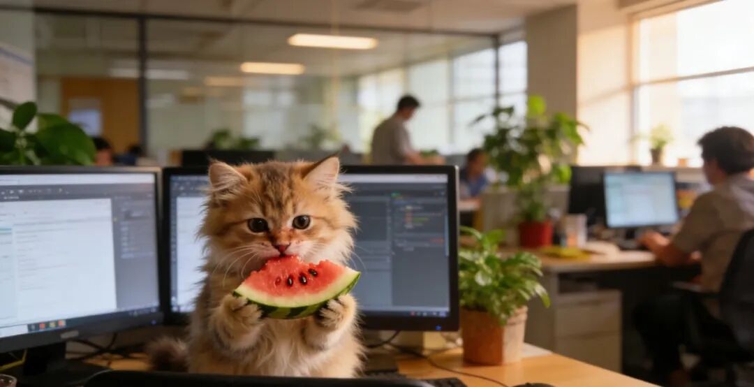 一只橘猫在办公室吃西瓜