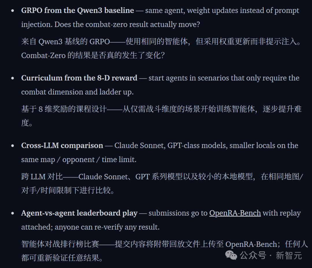 "下一步研究方向"列表，包含GRPO训练、课程设计、跨模型对比和Agent对战排行榜