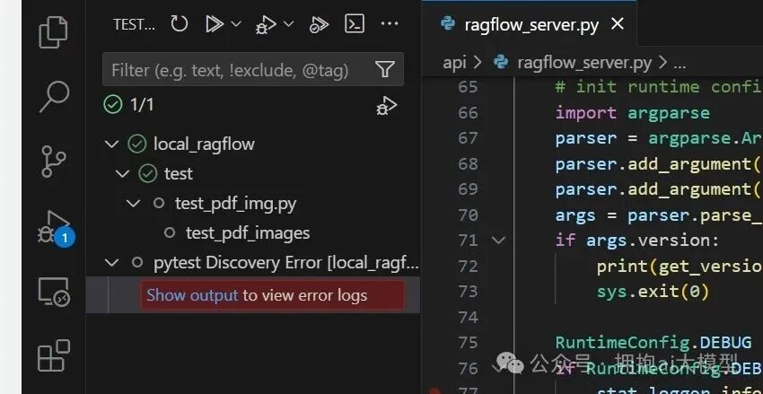 VS Code界面显示RAGFlow测试用例运行错误