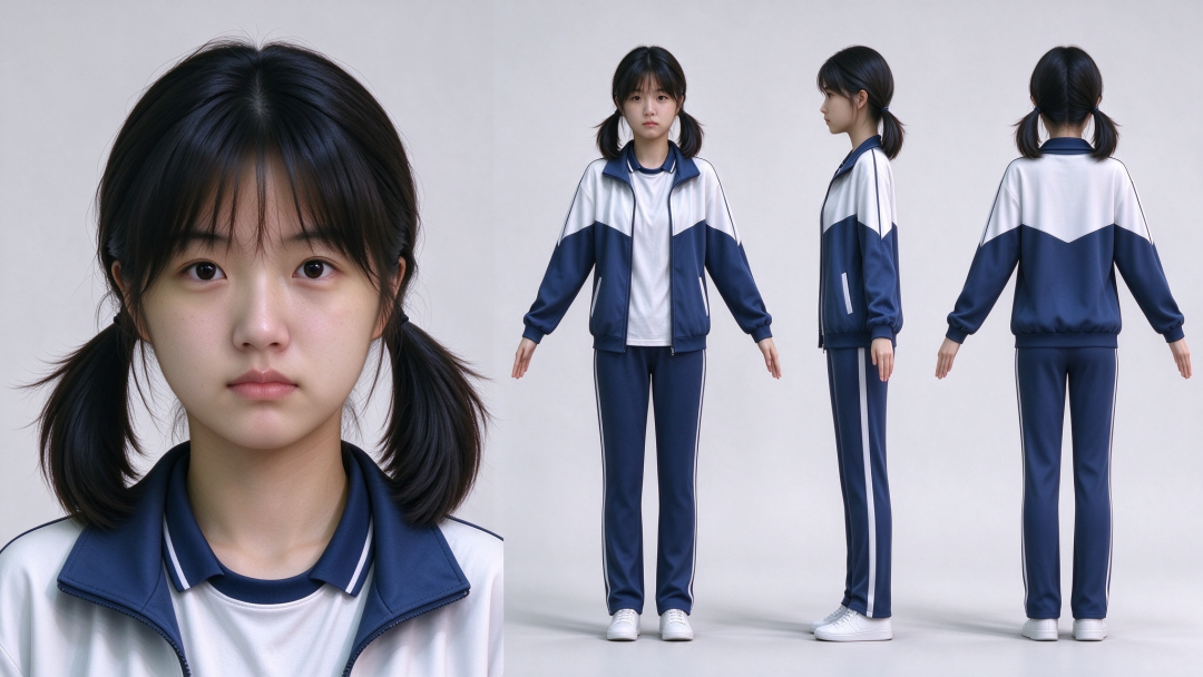 唐果角色效果图:双马尾运动校服三视图