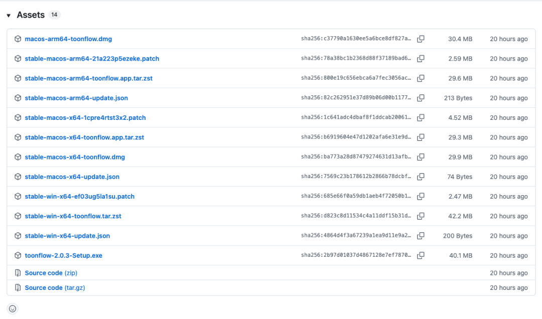 GitHub Releases 页面中的各平台安装包资产列表