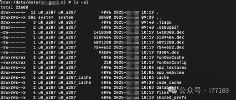 使用ls -al命令列出/data/data/包名目录下的文件，可见多个.dex文件