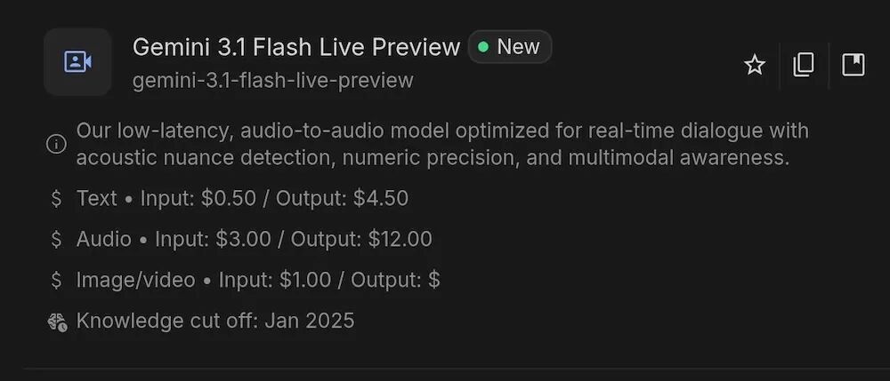 Gemini 3.1 Flash Live Preview的API定价信息