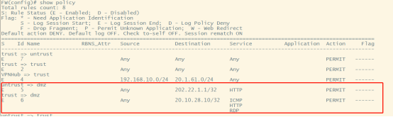 防火墙show policy输出,trust到diz2的HTTP和TCP策略动作均为PERMIT