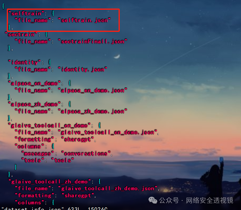 JSON代码截图，selftrain对象及其file_name字段被红色高亮