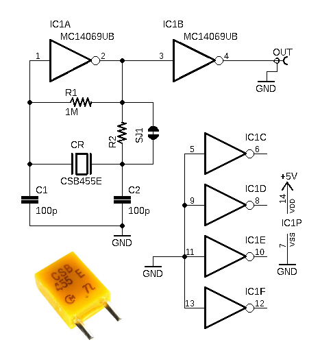 采用CMOS反相器和陶瓷谐振器的实用振荡器电路结构图