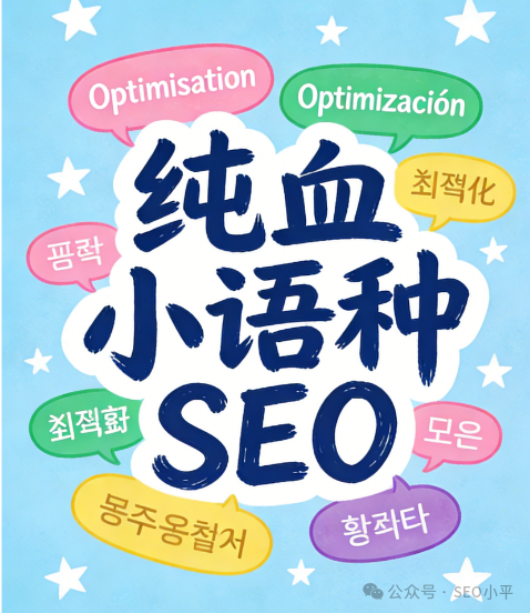 “纯血小语种SEO”概念图,周围环绕多语言气泡