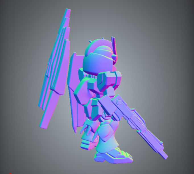 生成模型的侧后方视角，展示蓝紫色渐变机甲细节
