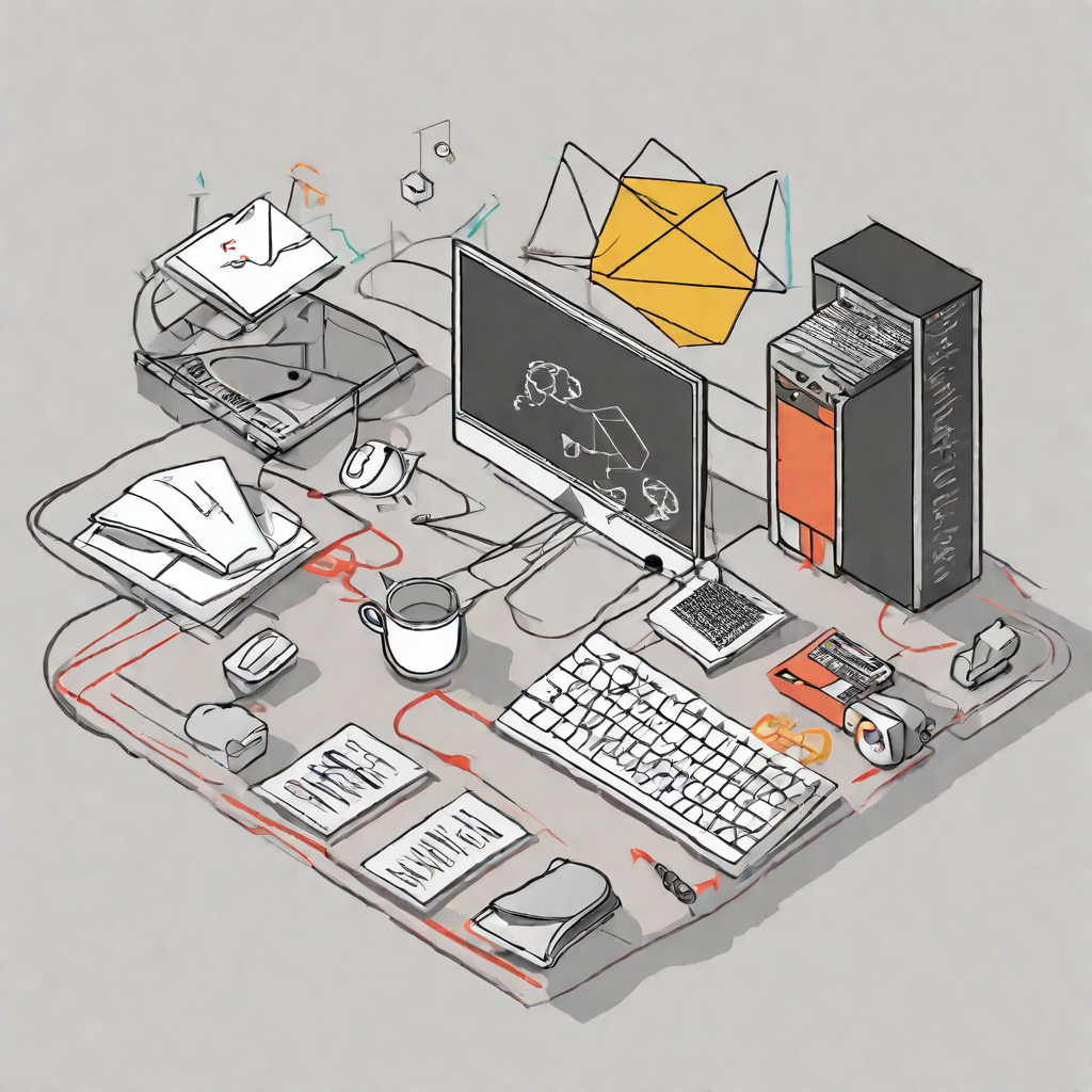 一张富有创意的手绘风格办公桌插画，展示了编程工作者的灵感场景