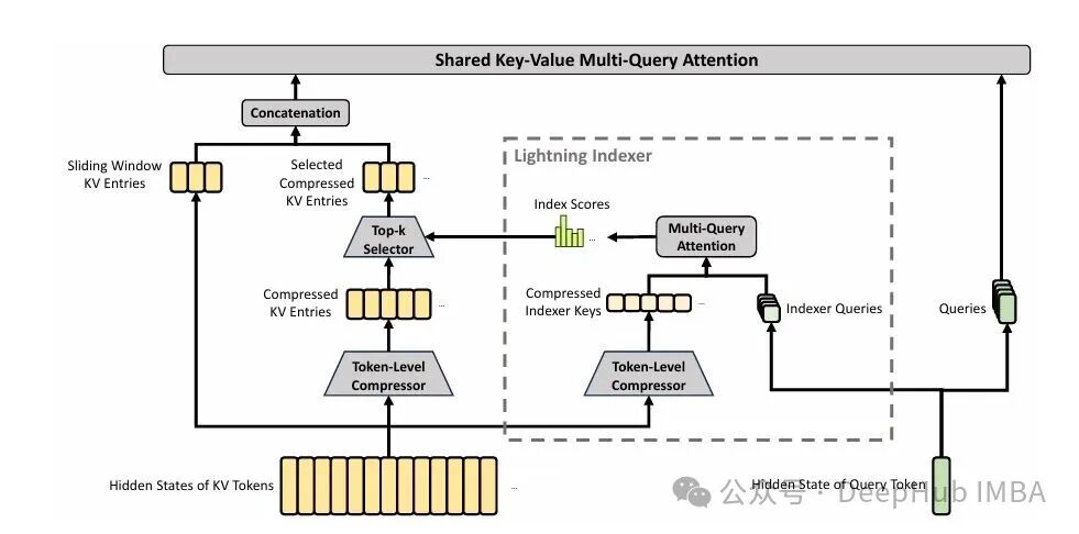 共享键值多查询注意力架构流程图，展示从KV标记隐状态经压缩到Top-k选择器的完整数据流