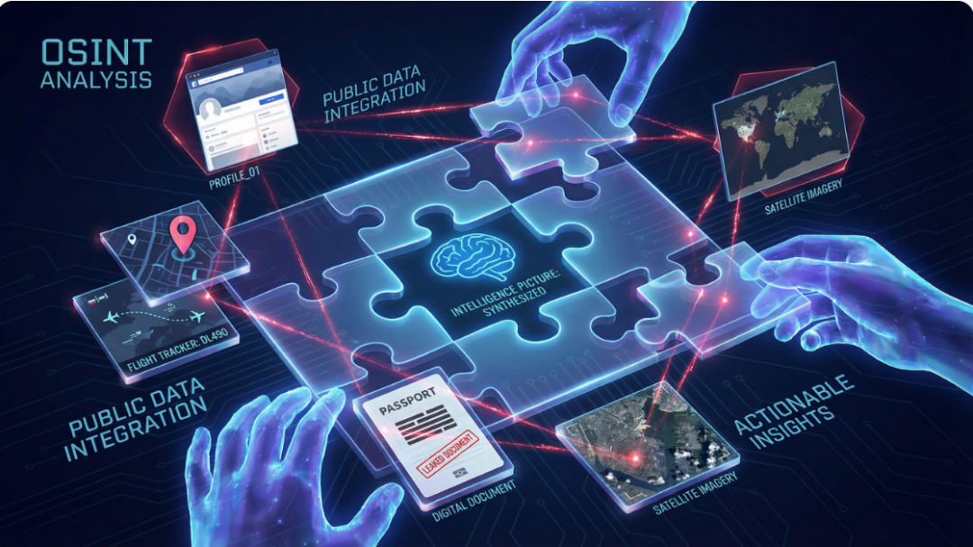 OSINT公开来源情报分析概念图：多源数据融合生成情报全貌