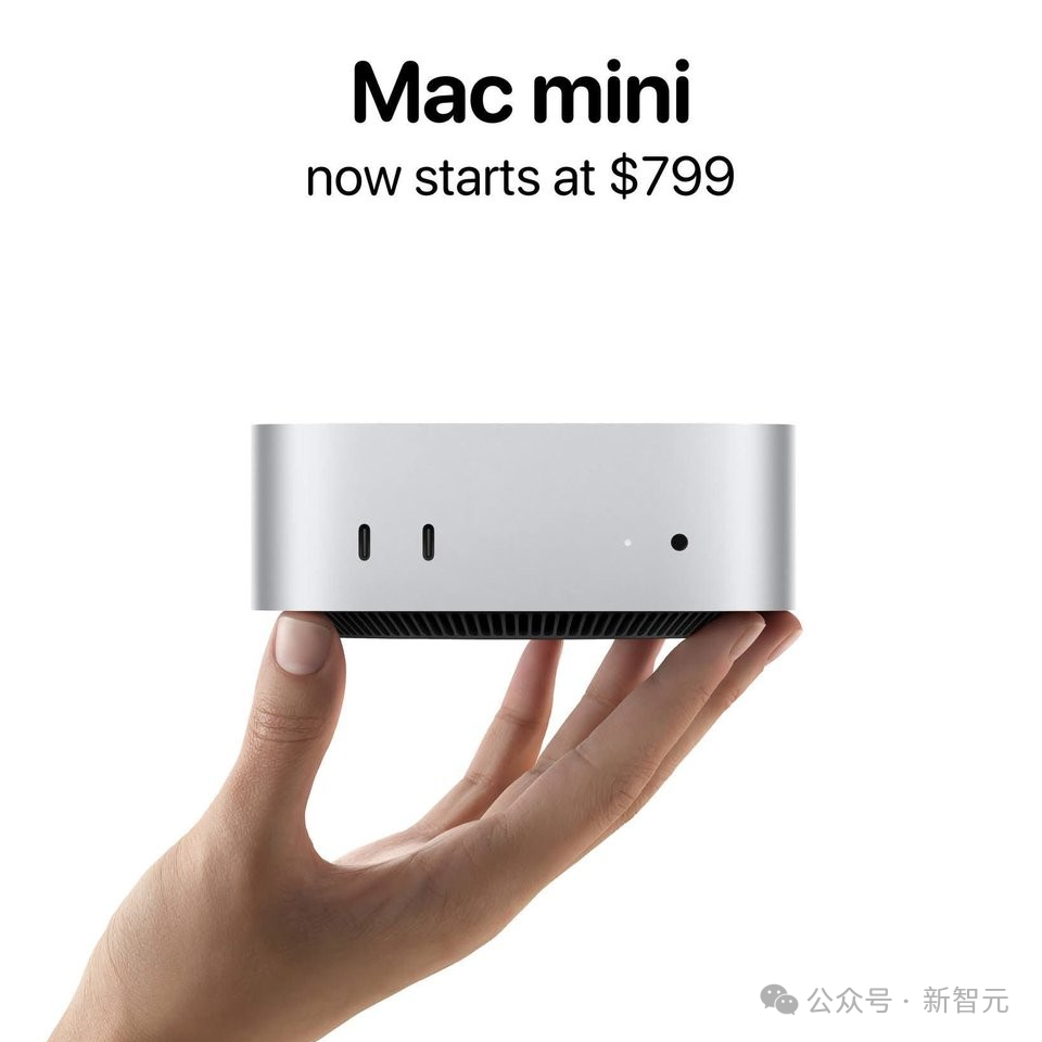 一只手托举着银色Mac mini主机的产品图，标注起售价已涨至799美元