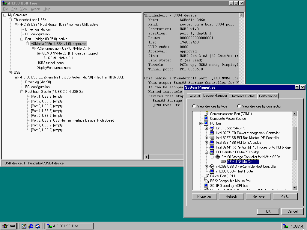 Windows 98 SE 下 xHCI98 USB Tree 展示 USB4 Host Router 与 NVMe 设备树