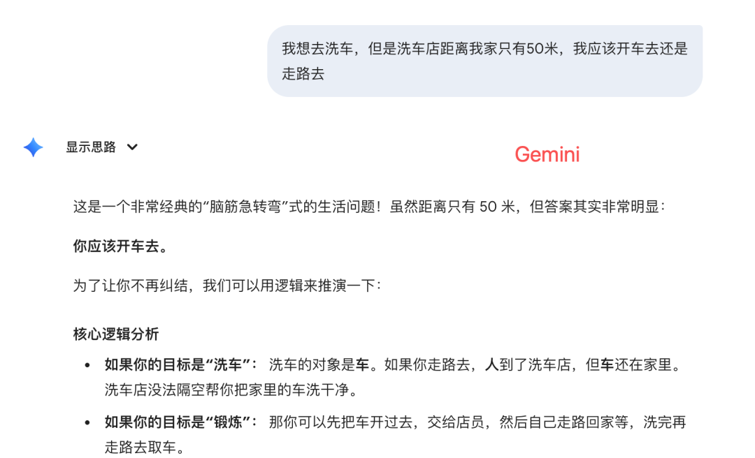 Gemini正确分析洗车必须开车前往的截图