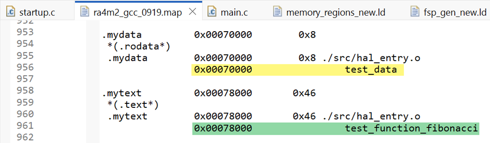 GNU map文件中test_data位于0x00070000、test_function_fibonacci位于0x00078000