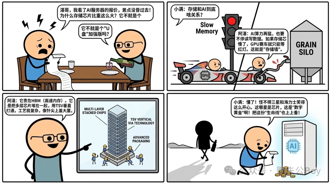 漫画：两人讨论AI服务器中存储芯片与GPU性能的幽默场景