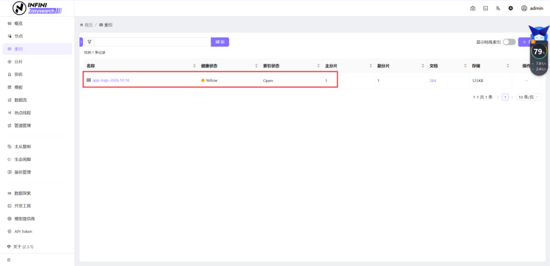 Easysearch 索引管理页面,显示 app-logs-2024.10.18 索引已创建且状态为 Open