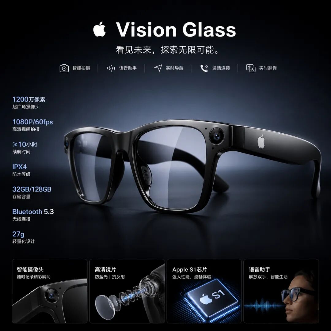 苹果Vision Glass智能眼镜概念宣传图，左侧列有1200万像素摄像头、10小时续航等参数，中部为功能图标
