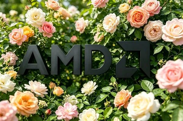 AMD标志与玫瑰花丛