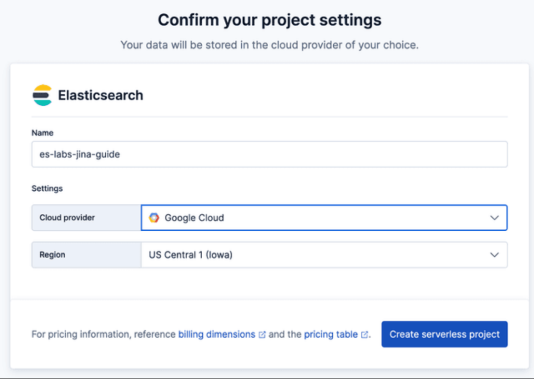 Elasticsearch Serverless 项目创建确认界面