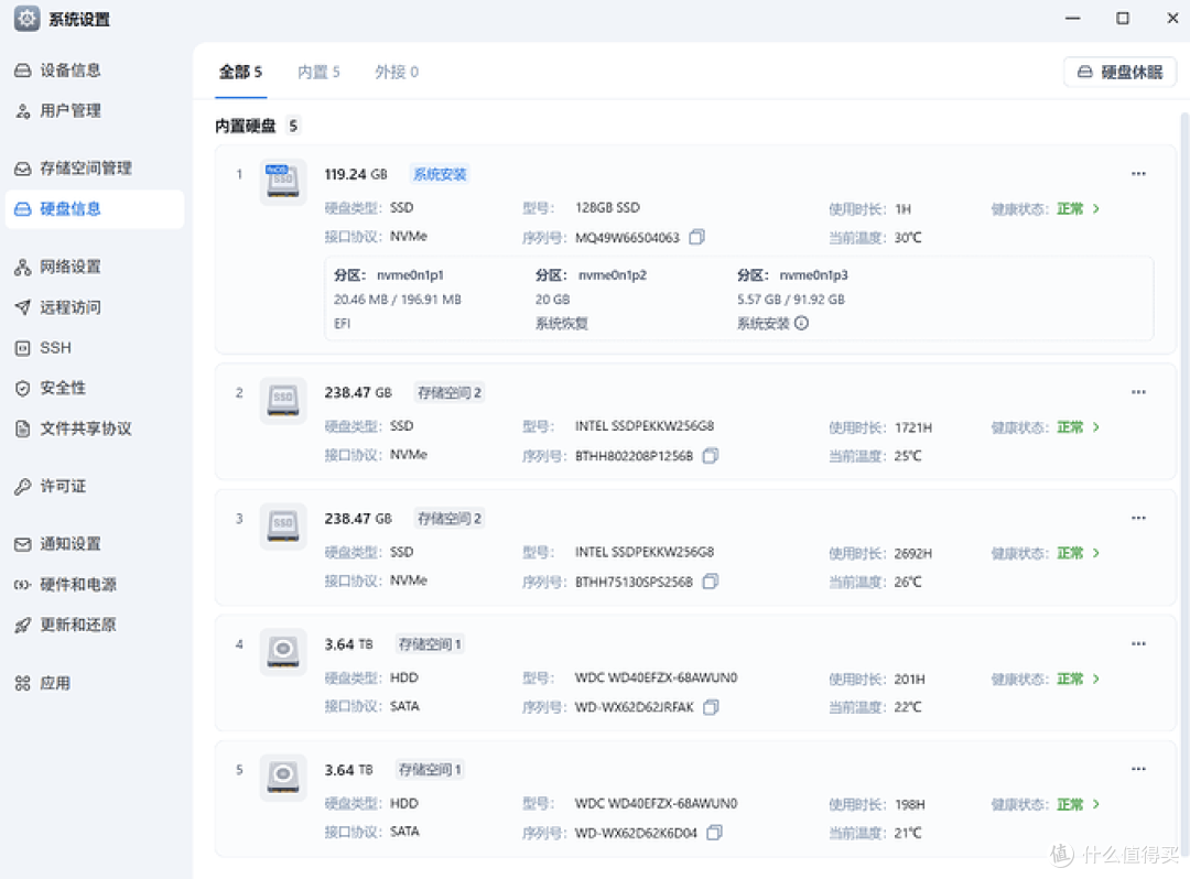 飞牛fnOS硬盘信息界面