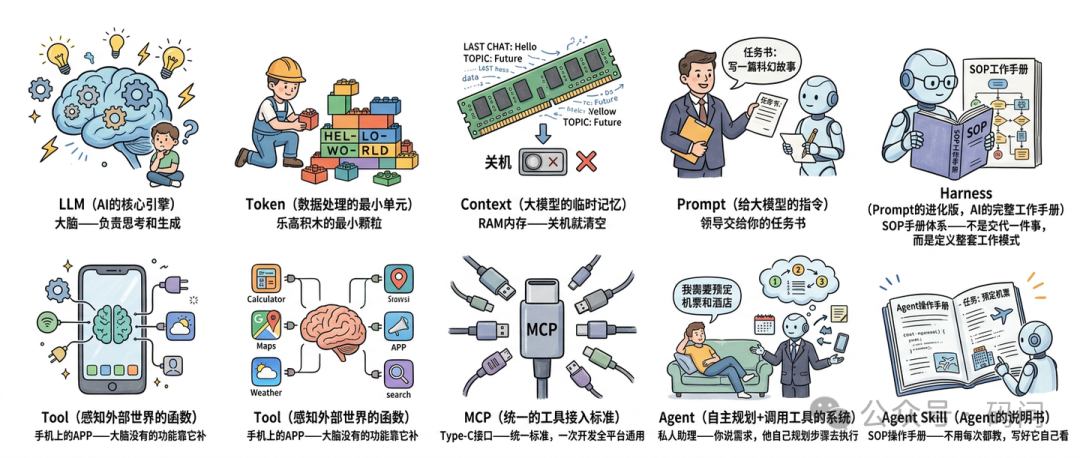 Harness、LLM、Token、Agent、MCP等AI圈核心概念卡通插画，共12个独立图示，分两行排列。上排从左至右：大脑与儿童图案配文LLM(AI的核心引擎)；工人搭积木图案配文Token(数据处理的最小单元)；内存条与关机图标配文Context(大模型的临时记忆)；人物与机器人对话场景配文Prompt(给大模型的指令)；机器人阅读SOP手册配文Harness(Prompt的进化版，AI的完整工作手册)。下排从左至右：手机连接大脑与外部设备图案配文Tool(感知外部世界的函数)；多个APP图标与大脑连接图案配文Tool(感知外部世界的函数)；多种接口线缆连接MCP标志图案配文MCP(统一的工具接入标准)；用户躺沙发与机器人交互场景配文Agent(自主规划+调用工具的系统)；机器人与打开的Agent Skills说明书互动图案配文Agent Skill(Agent的说明书)。所有图示下方均有对应中文说明文字，整体布局清晰、色彩丰富