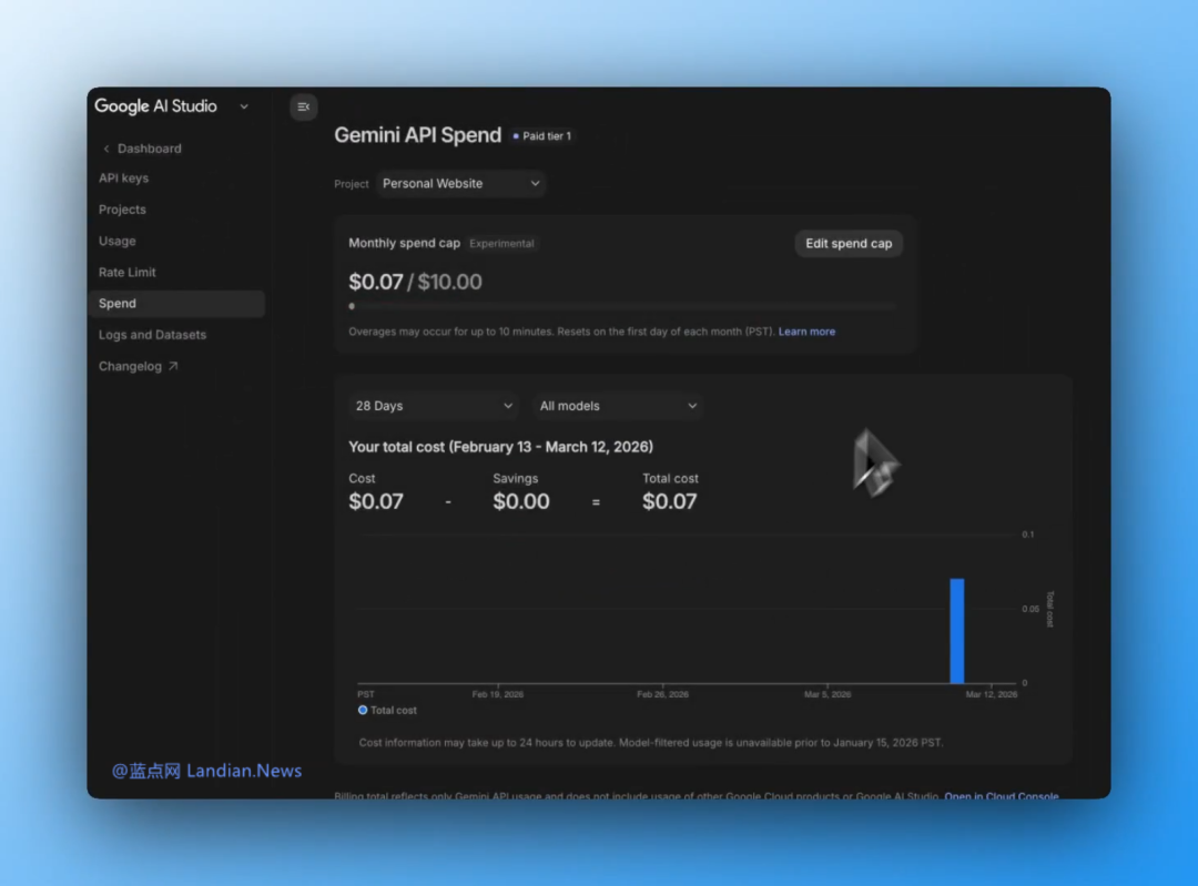 设置$10美元月支出上限后的账单页面